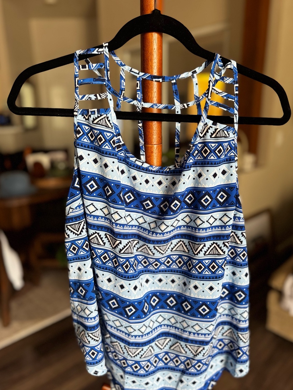 Women’s Blue Geometric Strappy Tank Top